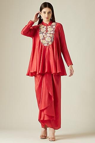 red-embellished-tunic-set