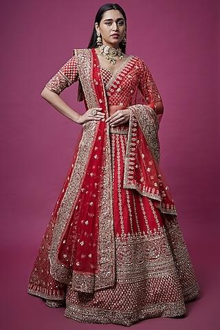 red embroidered aster lehenga set