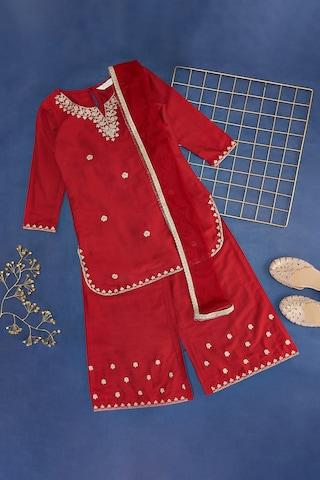 red embroidered calf-length  ethnic girls regular fit  churidar kurta dupatta set