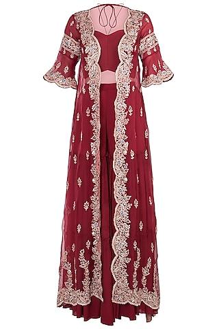 red embroidered cape with crop top and palazzo pants