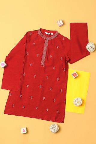 red embroidered casual band collar full sleeves knee length boys kurta