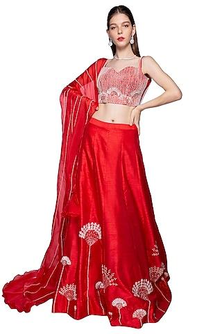 red embroidered floral lehenga set