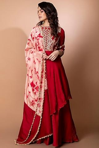 red embroidered gown with dupatta