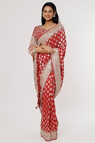 red embroidered handwoven saree set