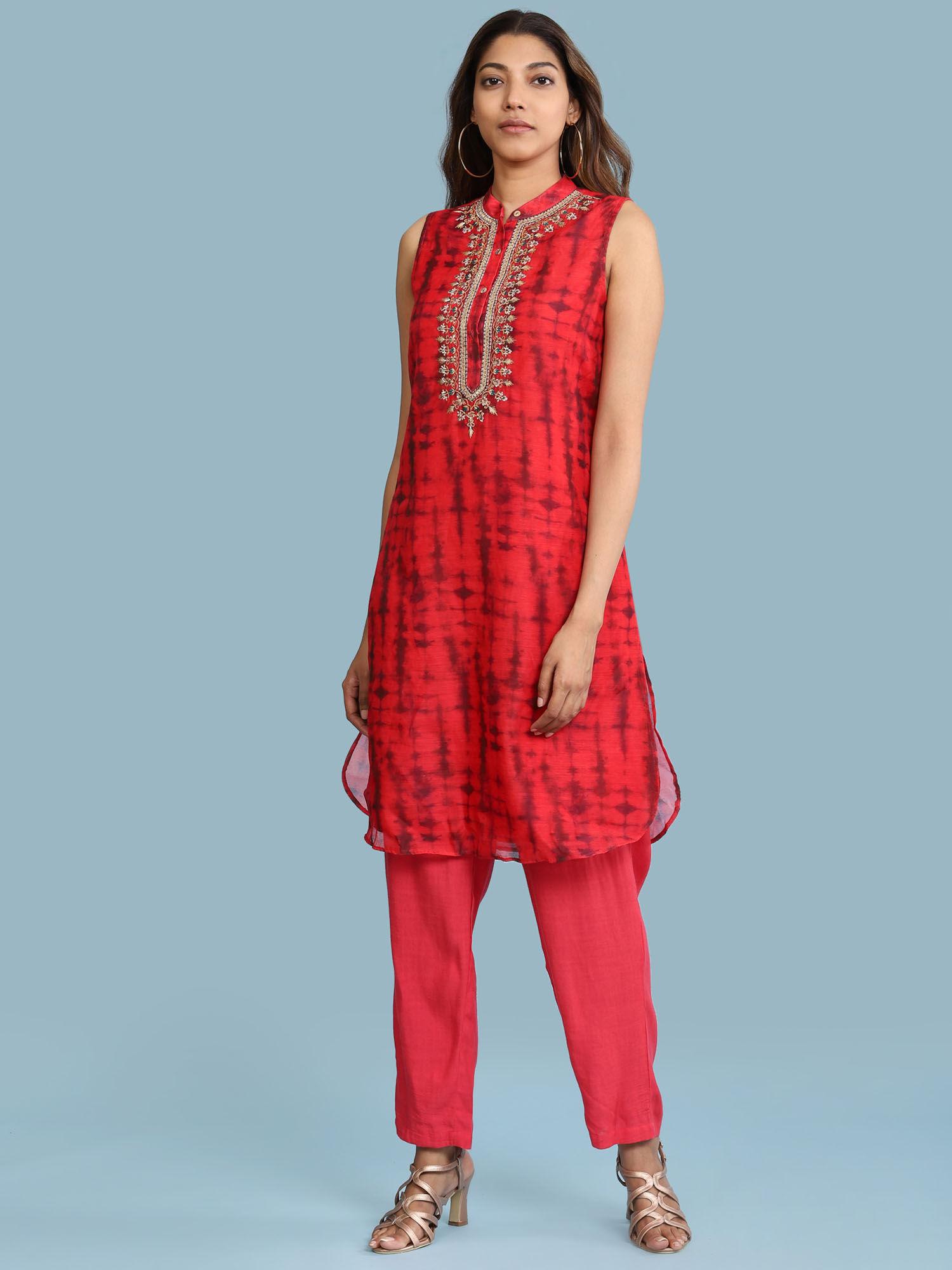 red embroidered kurta with pant (set of 2)