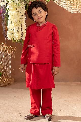 red embroidered nehru jacket in kurta set for boys