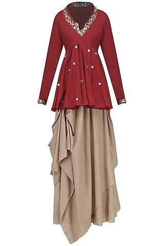 red embroidered peplum with brown drape skirt set
