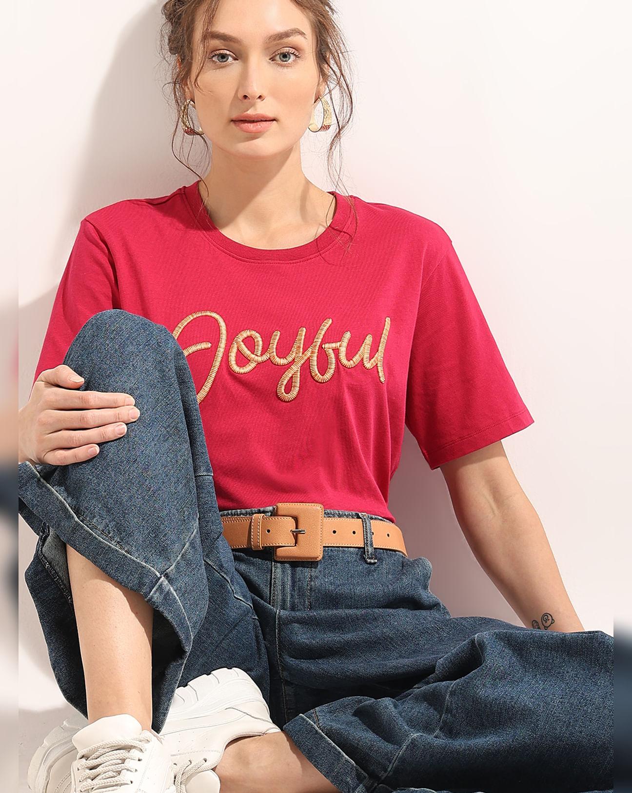 red embroidered print t-shirt
