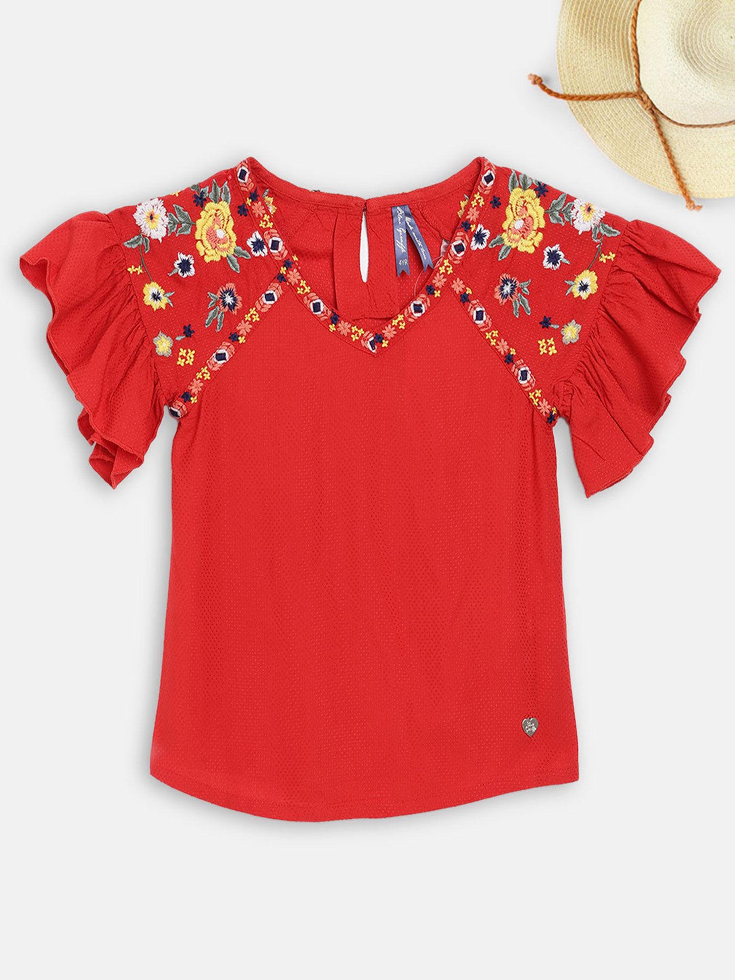 red embroidered top