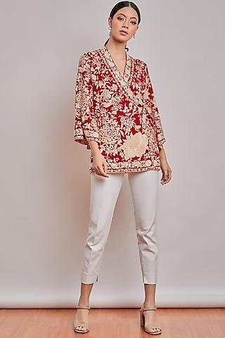 red embroidered wrap top