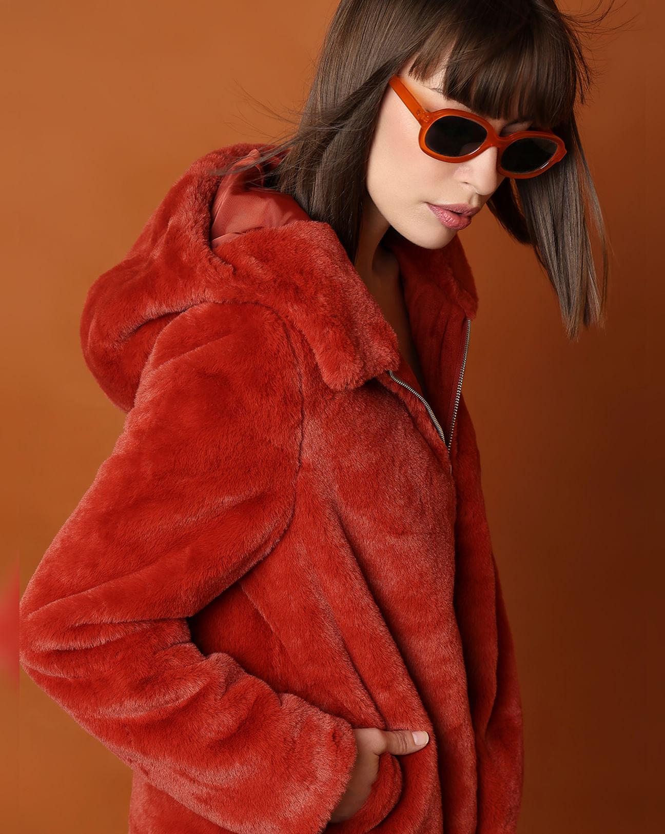 red faux fur hooded jacket