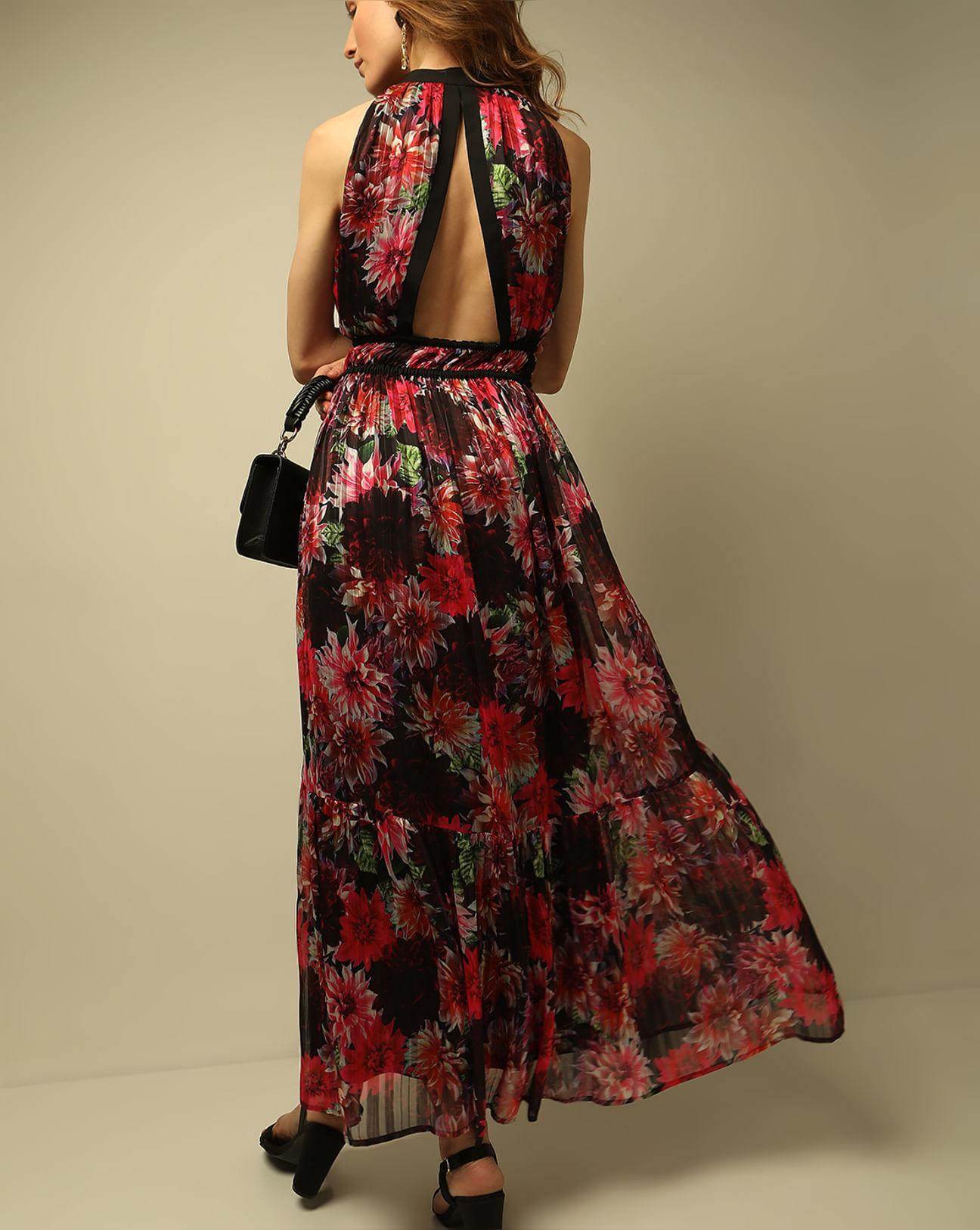red floral pleated maxi dress