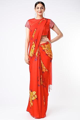 red floral printed pre-pleated saree set