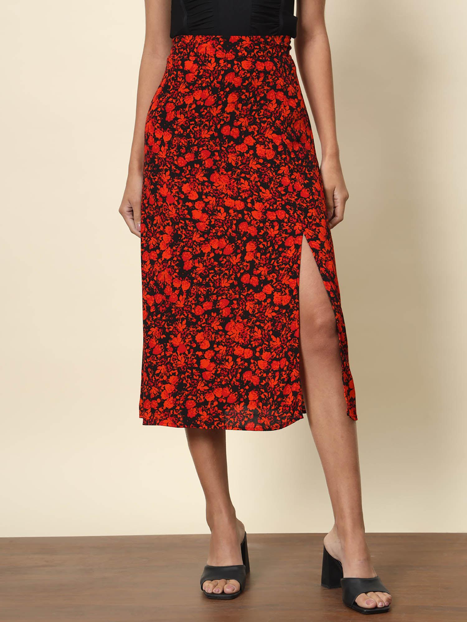 red floral printed slit skirt