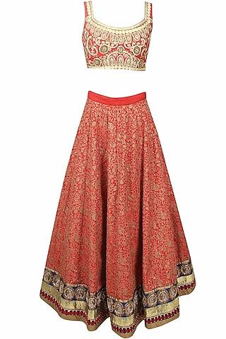 red floral thread and sequins embroidered lehenga set