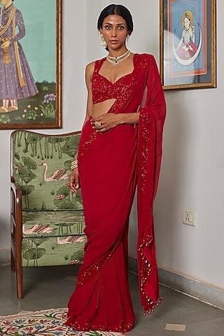 red georgette cutdana embroidered pre-stitched saree set