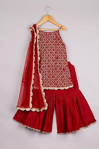 red georgette embroidered kurta set for girls
