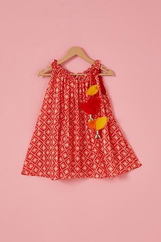 red georgette geometric printed flared dress for girls