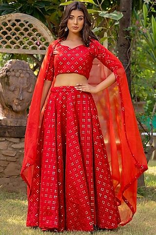 red georgette mirror embroidered lehenga set