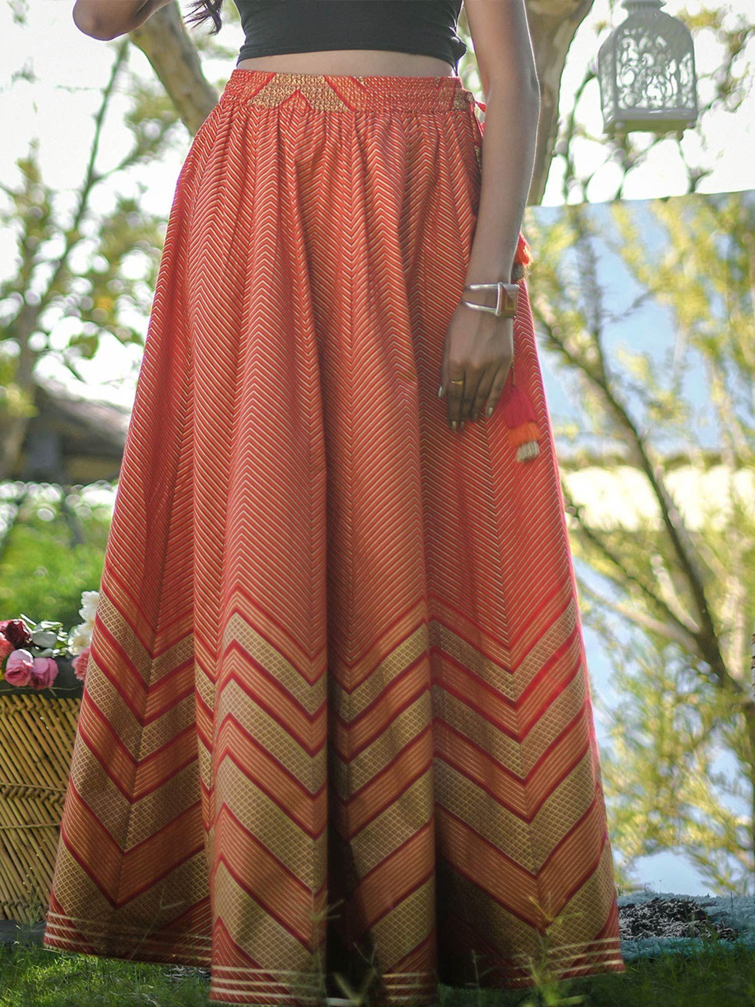 red gold printed maxi flared skirt