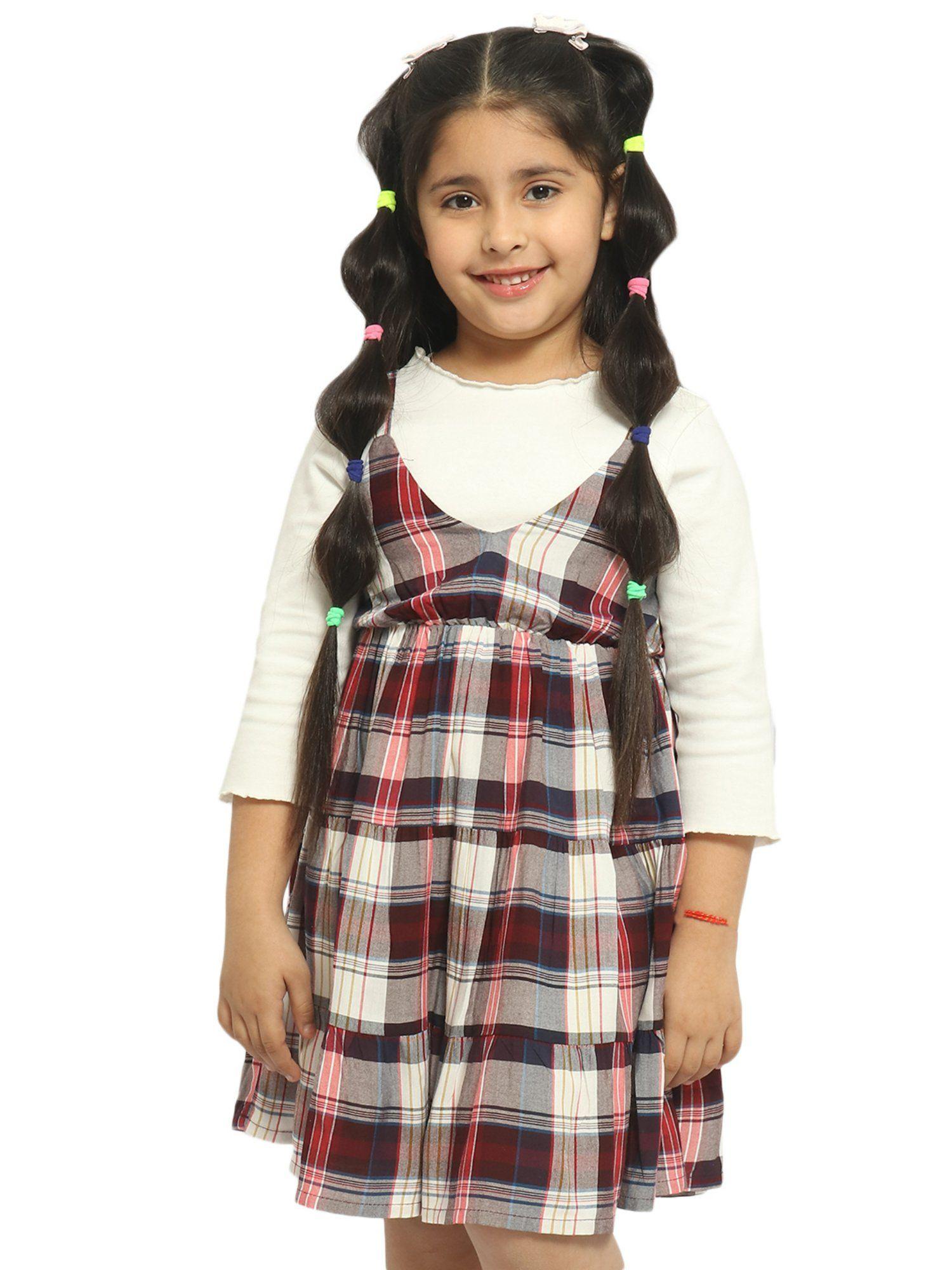 red grey checked layered cotton pinafore dress