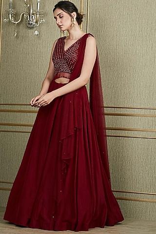 red hand embroidered gown with dupatta