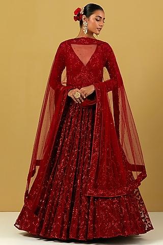 red hand embroidered gown with dupatta