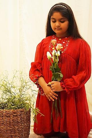 red hand embroidered kurta set for girls