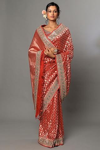 red handwoven embroidered saree set