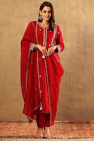 red handwoven katan silk embroidered kurta set