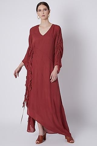 red handwoven ruffle dress