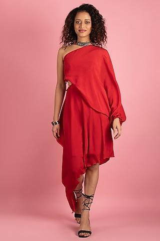 red heavy crepe asymmetric dress