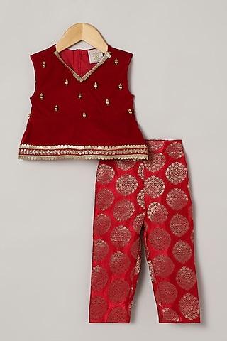 red jacquard straight pant set for girls