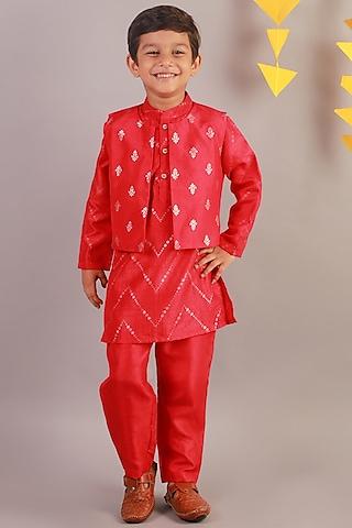 red jamawar kurta set with printed bundi jacket for boys