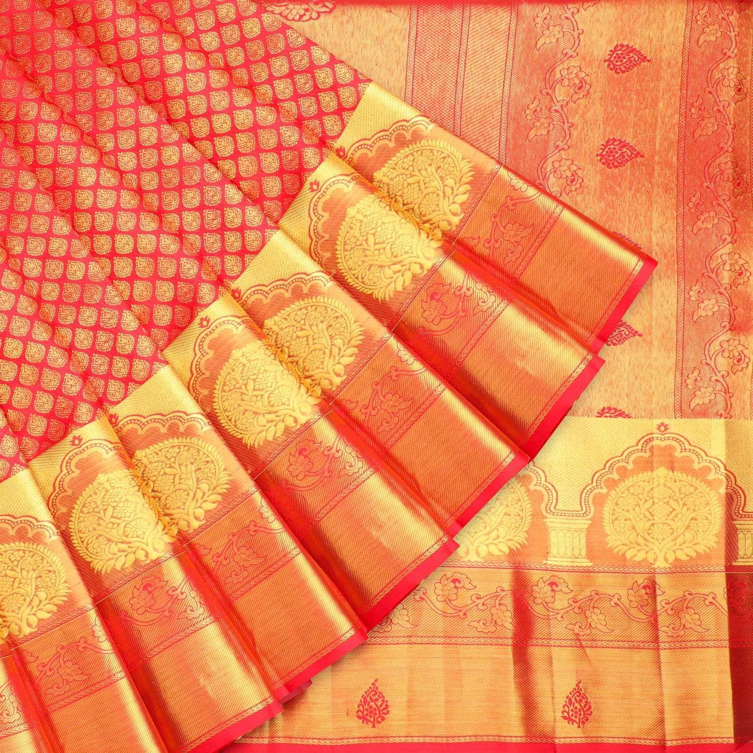 red kanjivaram silk saree with floral buttis