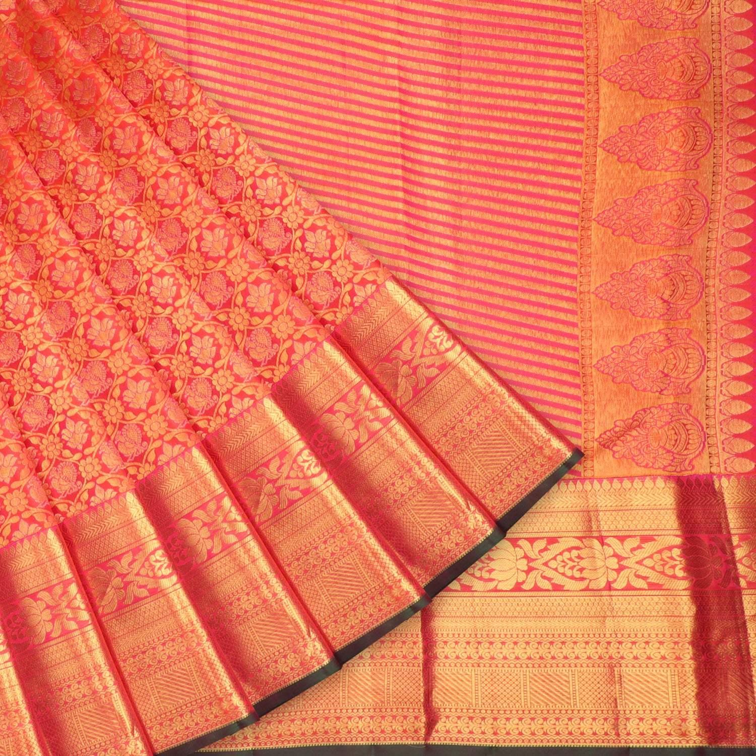 red kanjivaram silk saree with floral motifs pattern