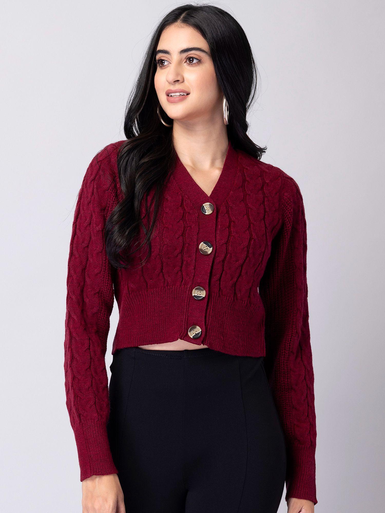 red knitted cardigan