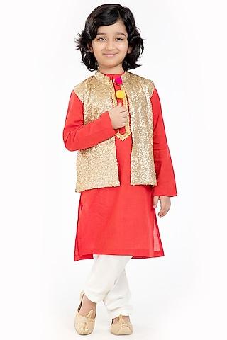red kurta set with waistcoat for boys