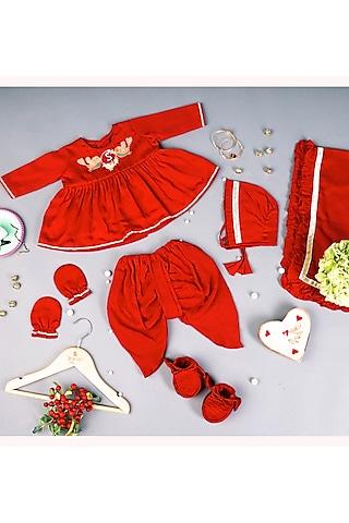 red linen chanderi & mulmul embroidered kurta set for girls