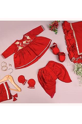 red linen chanderi & mulmul kurta set for girls