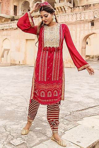 red lucknowi & georgette embroidered kurta set for girls