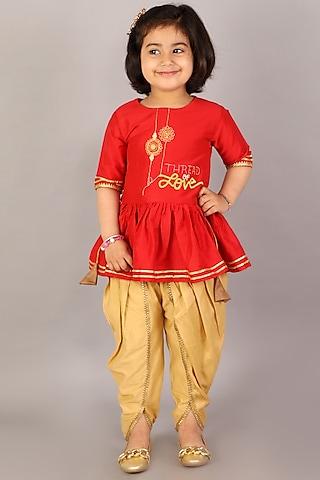 red machine embroidered kurta set for girls