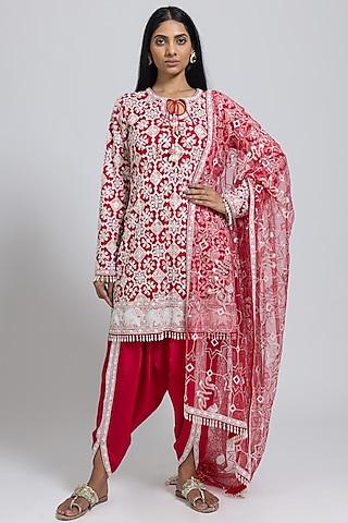 red net sequins & cutdana hand embellished kurta set