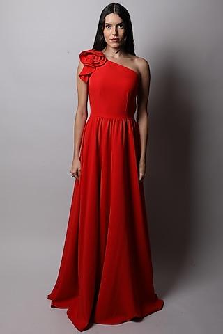 red one shoulder gown
