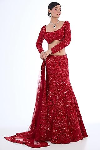 red organza & tulle floral embroidered lehenga set