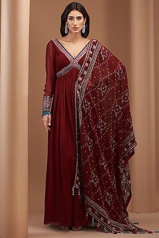red organza embroidered gown with dupatta