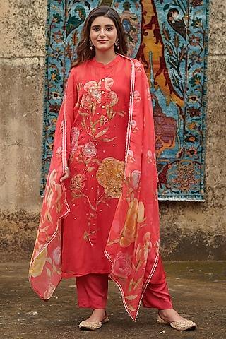 red organza sequins embroidered kurta set
