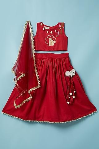red pichwai embroidered lehenga set for girls