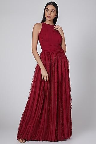 red pleated fur gown