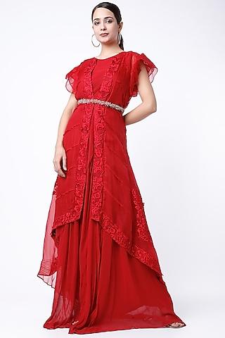 red pleated gown with jacket